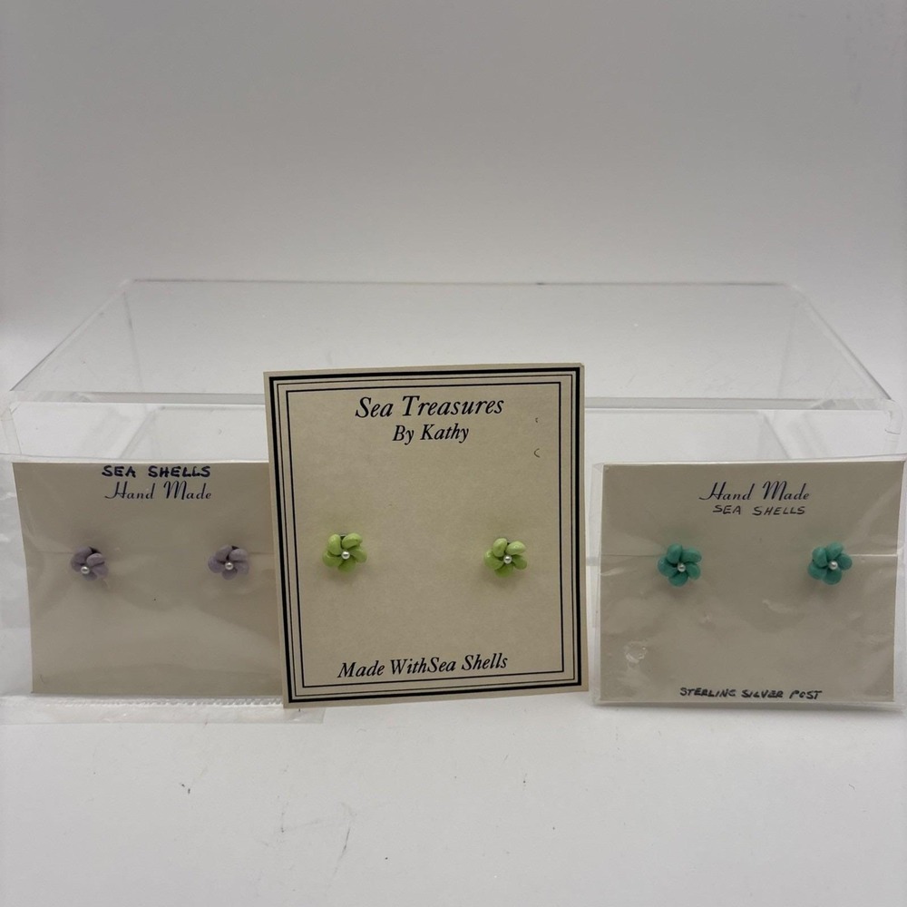 Vtg~Real Seashell Pierced Earrings~Purple,‎ Green, Teal~Set of 3